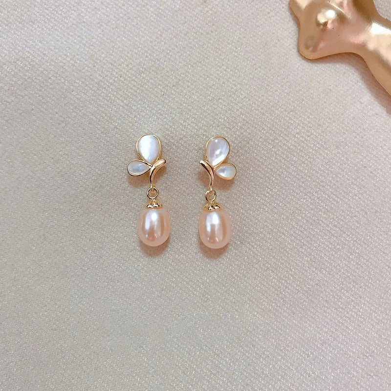 Pink Butterfly Dangle Earrings Pearl Women Jewelry