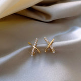 Cross Pearl Geometric Stud Earrings Crystal Metal Jewelry
