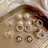 Pearl Enamel Flower Heart Ear Clip Earrings