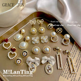 Pearl Enamel Flower Heart Ear Clip Earrings
