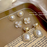Pearl Enamel Flower Heart Ear Clip Earrings