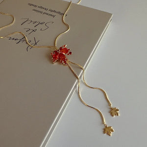 Vintage Zircon Maple Leaf Pendant Necklace Red Crystal Jewelry