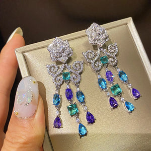 Vintage Flower Tassel Long Earrings 925 Silver Wedding Jewelry