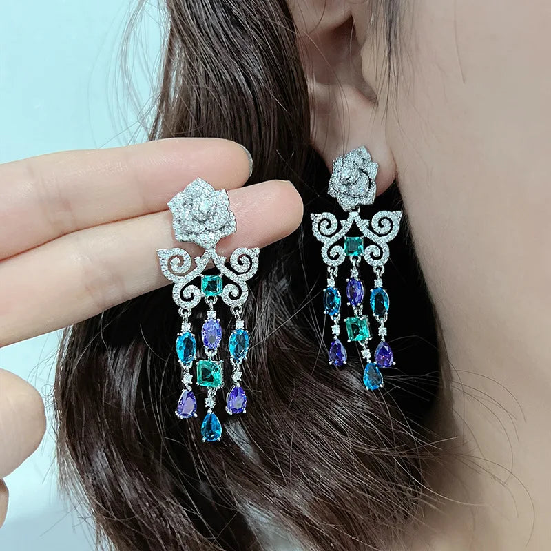 Vintage Flower Tassel Long Earrings 925 Silver Wedding Jewelry