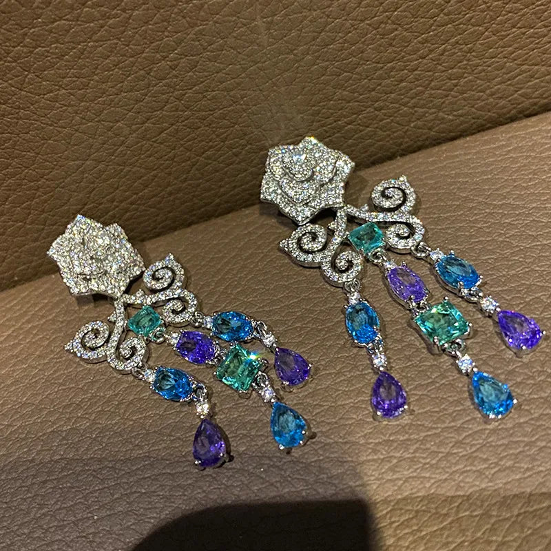 Vintage Flower Tassel Long Earrings 925 Silver Wedding Jewelry