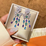 Vintage Flower Tassel Long Earrings 925 Silver Wedding Jewelry