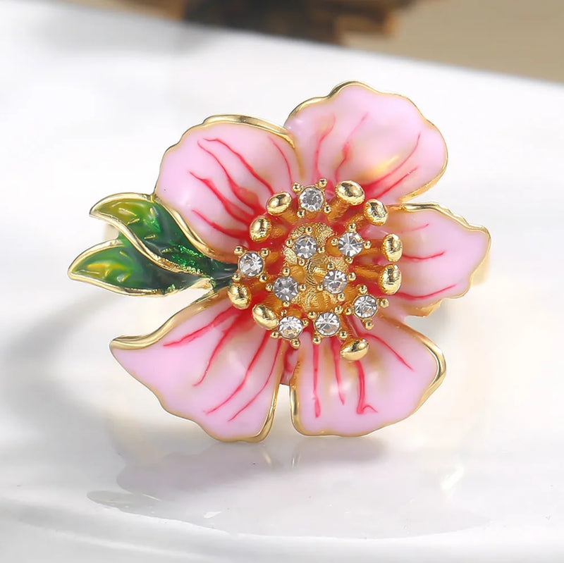 Yellow Flower Ring Pink Enamel Crystal Wedding Promise Rings Couple Jewel