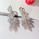 Vintage CZ Dangle Earrings Sparkling Leaf Design