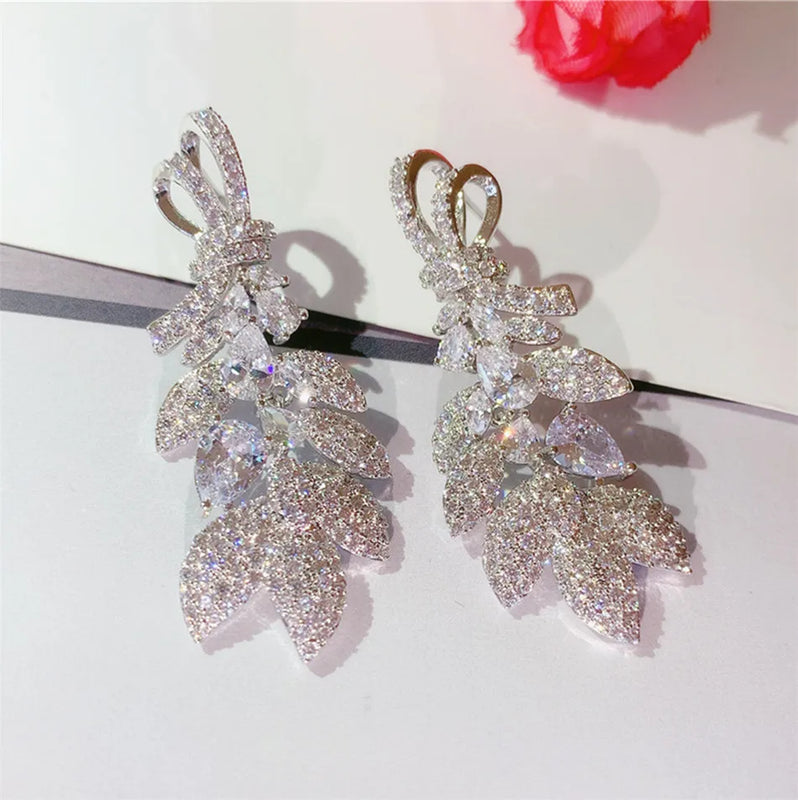 Vintage CZ Dangle Earrings Sparkling Leaf Design