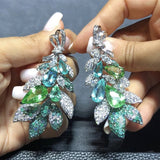 Vintage CZ Dangle Earrings Sparkling Leaf Design