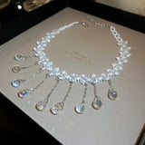 925 Silver Round Crystal Choker Necklace with Tassel Pendant