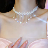 925 Silver Round Crystal Choker Necklace with Tassel Pendant