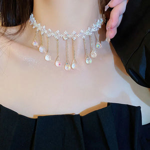 925 Silver Round Crystal Choker Necklace with Tassel Pendant