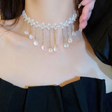 925 Silver Round Crystal Choker Necklace with Tassel Pendant