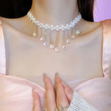 925 Silver Round Crystal Choker Necklace with Tassel Pendant