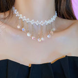 925 Silver Round Crystal Choker Necklace with Tassel Pendant