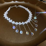 925 Silver Round Crystal Choker Necklace with Tassel Pendant