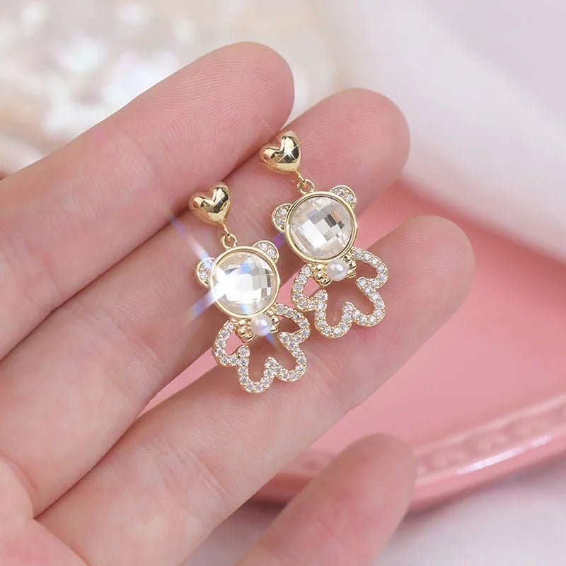 14K Delicate Hollow Bear Earring with Zircon Inlay
