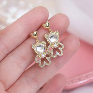 14K Delicate Hollow Bear Earring with Zircon Inlay