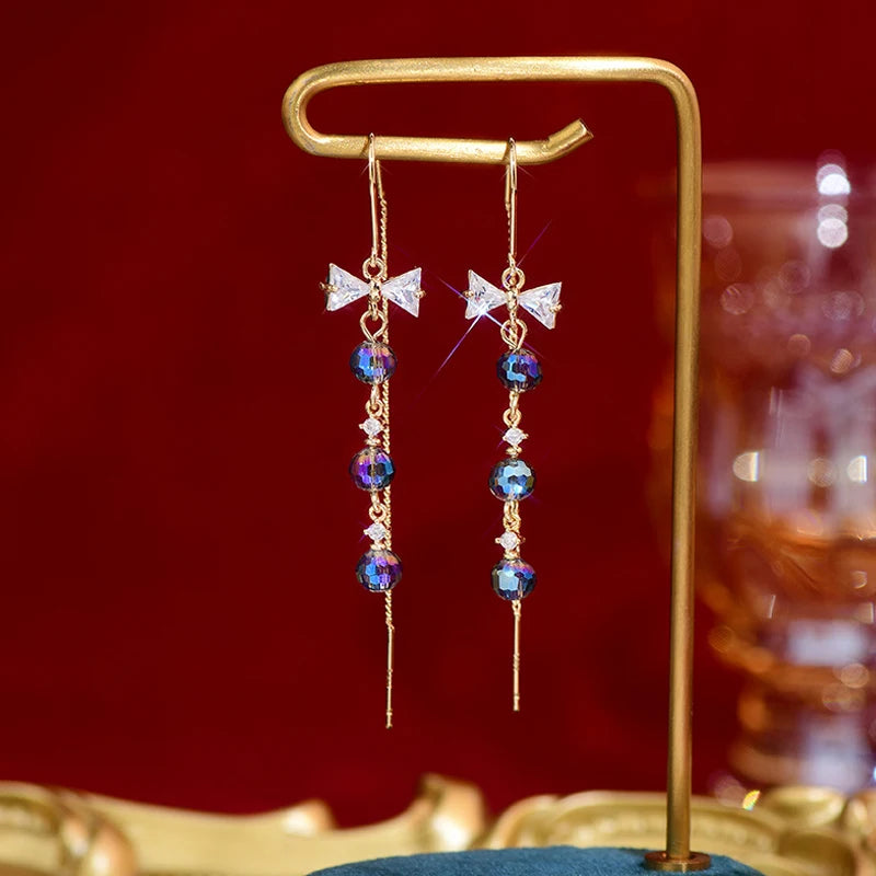 Crystal Bowknot Earring Bling Zircon Tassel Drop Earrings