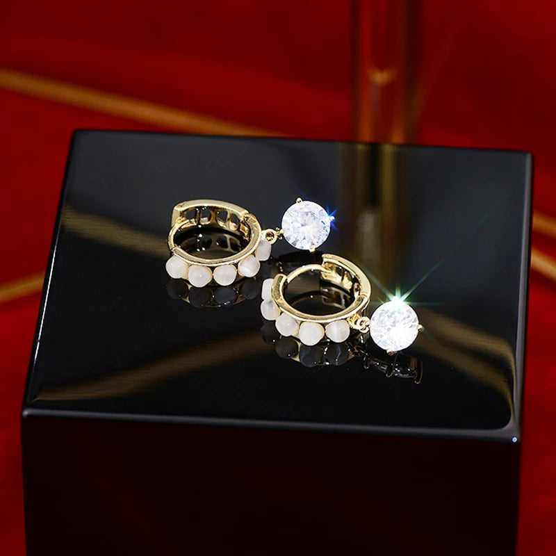 Micro Inlaid Opal CZ Round Earrings 14K Real Zircon Drop Earrings