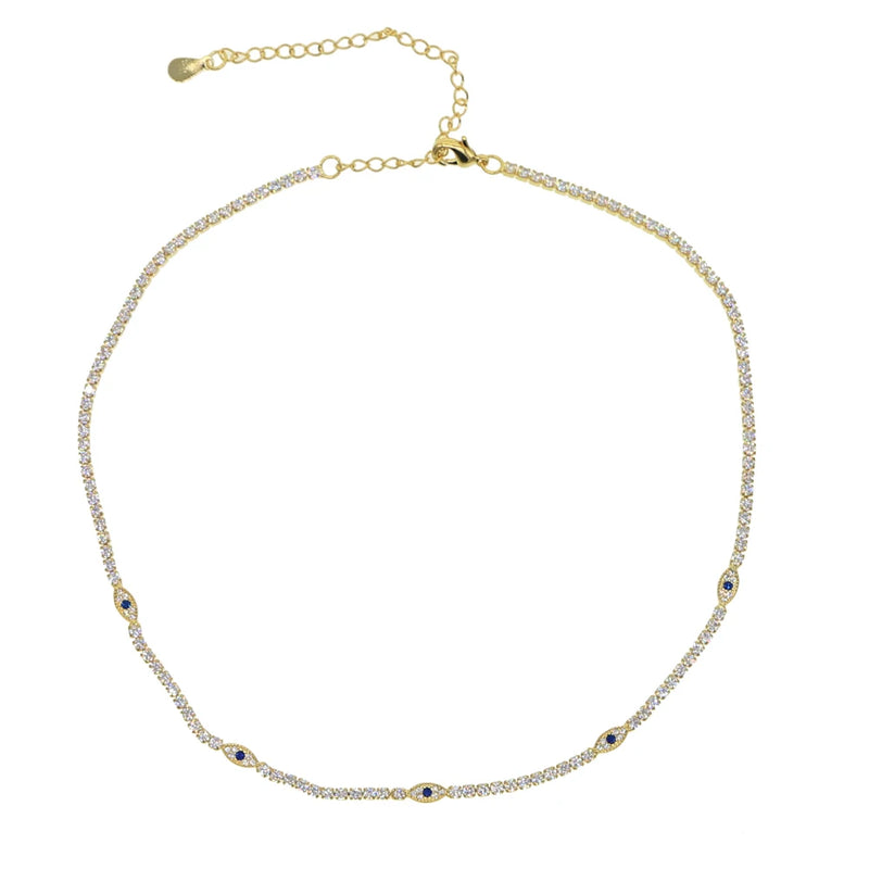 Delicate Clear CZ Evil Eye Choker Collarbone Necklace