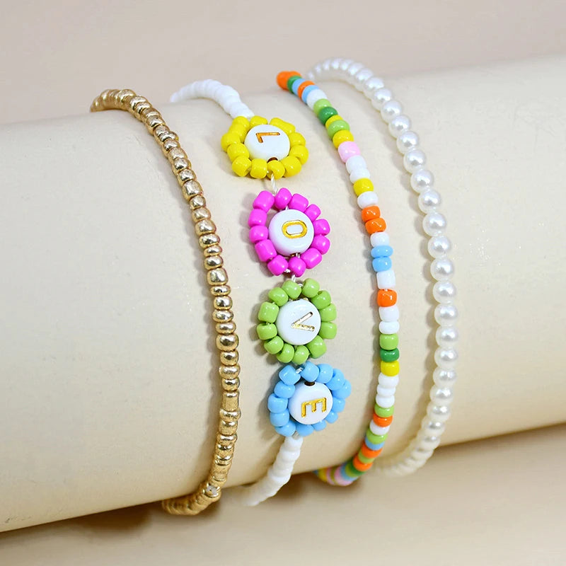 Boho Style LOVE Daisy Flower Bead Bracelet Multi-layer Pearl Jewelry Gift
