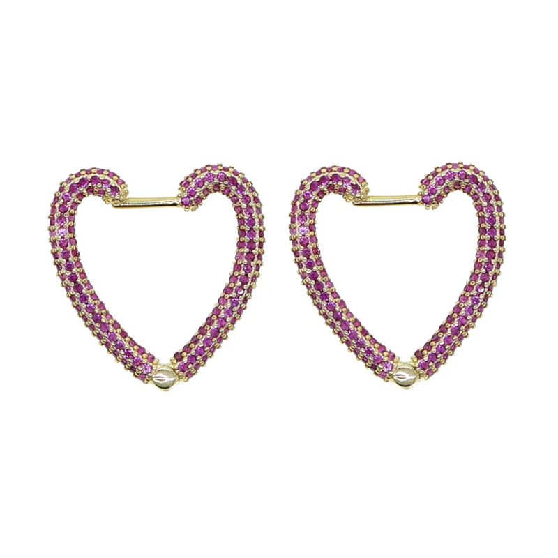 Boho Heart Hoops Earrings Rainbow CZ Crystal Paved Setting