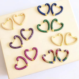 Boho Heart Hoops Earrings Rainbow CZ Crystal Paved Setting