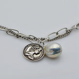 Baroque Pearl Silver Bracelet Vintage Coin Pendant Ladies Bracelet