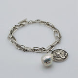 Baroque Pearl Silver Bracelet Vintage Coin Pendant Ladies Bracelet