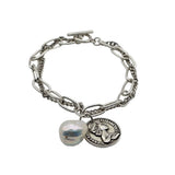 Baroque Pearl Silver Bracelet Vintage Coin Pendant Ladies Bracelet