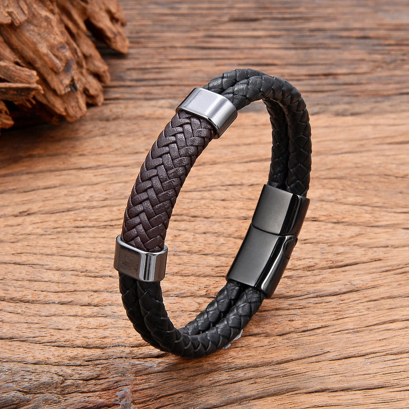 Braided Leather Men's Bracelet with Stainless Steel Buckle