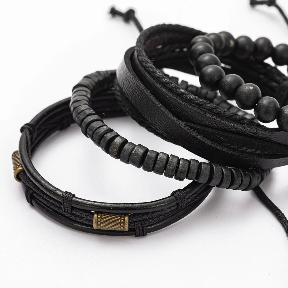 Braided Leather Bracelet Men Wooden Beads Charm Ethnic Tribal Wristband Gift