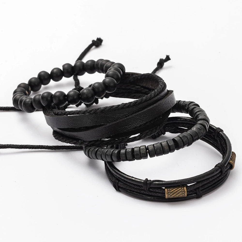 Braided Leather Bracelet Men Wooden Beads Charm Ethnic Tribal Wristband Gift