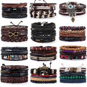 Braided Leather Bracelet Men Wooden Beads Charm Ethnic Tribal Wristband Gift