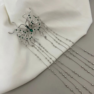 Green Rhinestone Butterfly Hairpin with Tassel