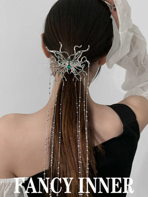 Green Rhinestone Butterfly Hairpin with Tassel
