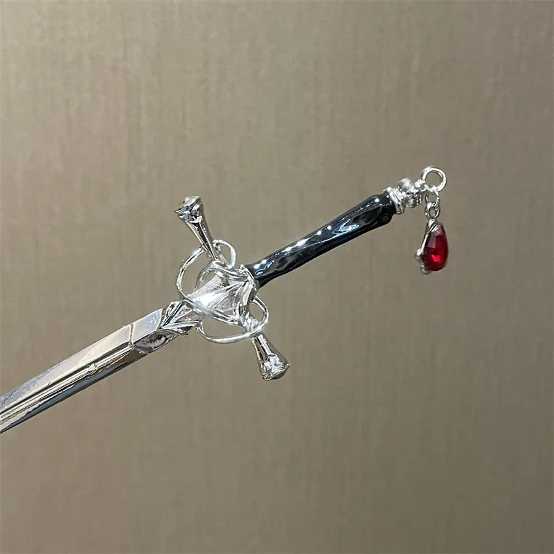 Chinese Punk Ruby Pendant Sword Hairpin Modern Headdress
