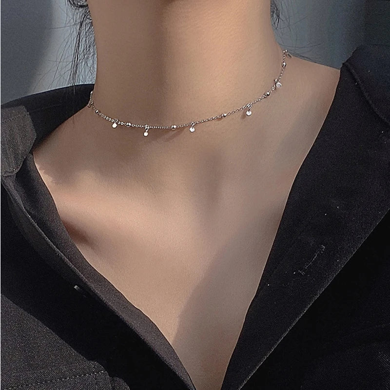 925 Silver Choker Necklace Geometric Round Chain Jewelry