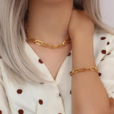 Chunky Paper Clip Chain Necklace Bracelet Set 18K Plated Stainless Steel