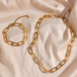 Chunky Paper Clip Chain Necklace Bracelet Set Ladies 18K Plated Stainless Steel