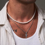 Classic Cross Pendant Necklace Men Pearls Stainless Steel Chain