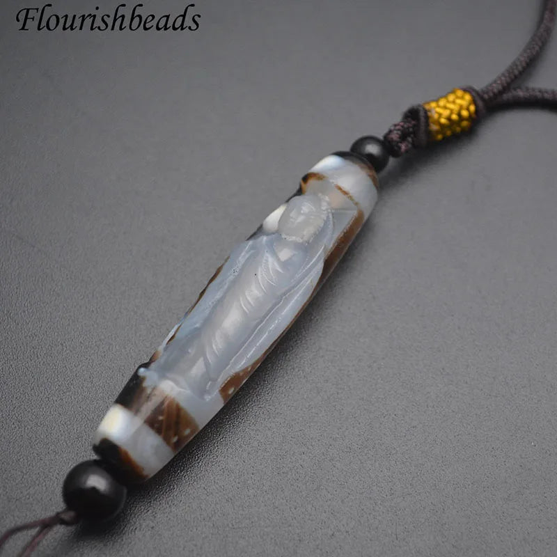 Coffee Agate Guanyin Buddha Statue Amulet DZI Pendant Necklace