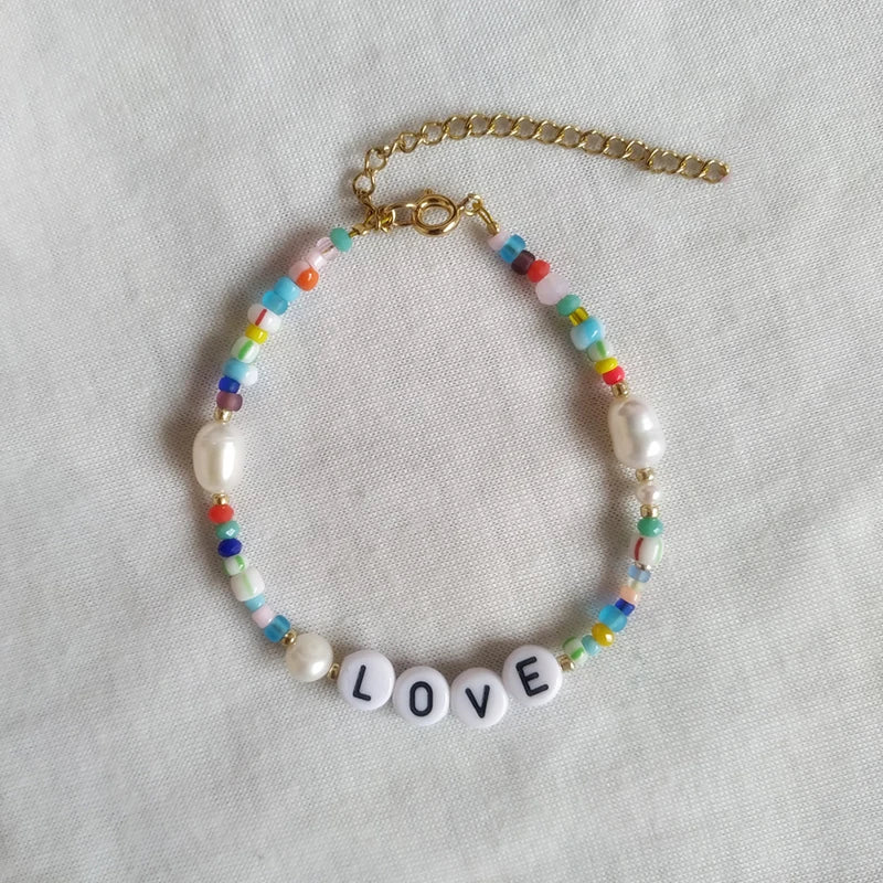 Rice Beads Name Bracelet with Freshwater Pearl - Boho Arm Jewelry