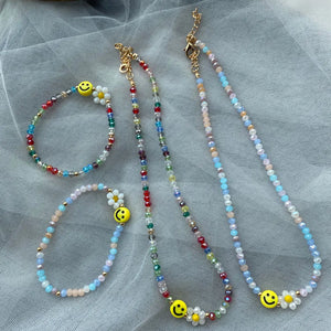 Colorful Smiley Daisy Flowers Beaded Bracelet Necklace Choker