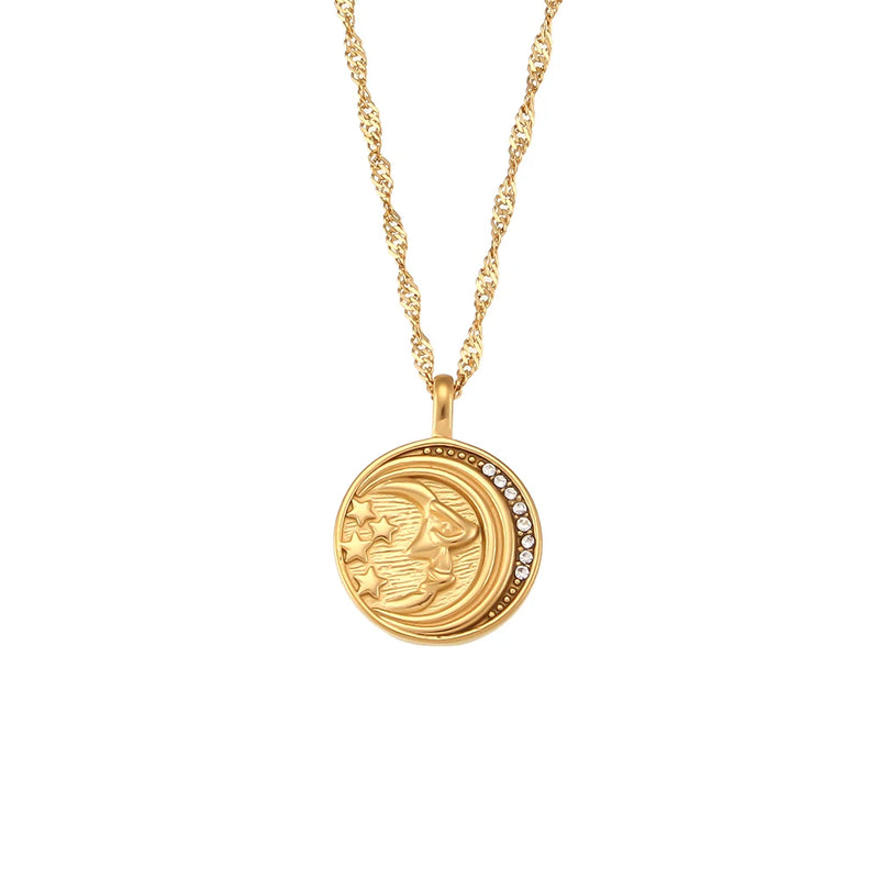 Moon Star Milky Way Coin Necklace Stainless Steel