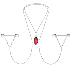Crystal Nipple Barbell Rings with Chain Bells Choker Necklace 14G