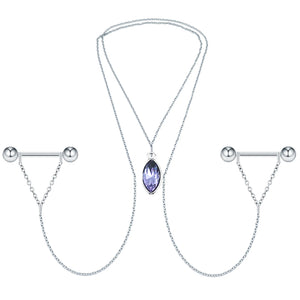 Crystal Nipple Barbell Rings with Chain Bells Choker Necklace 14G