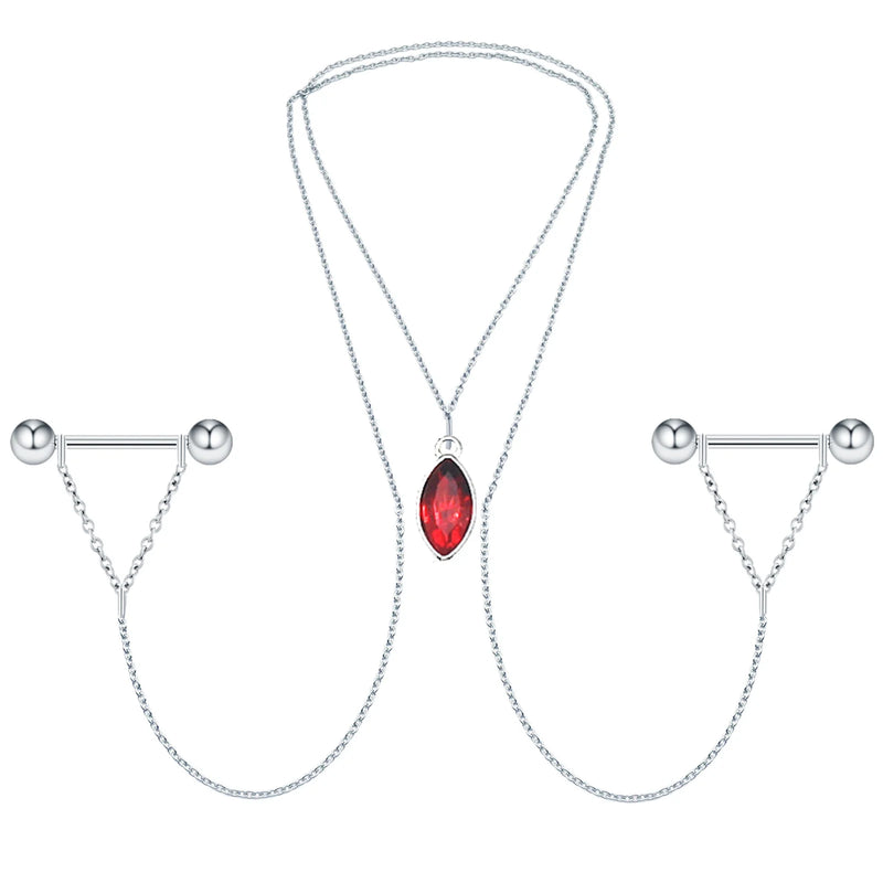 Crystal Nipple Barbell Rings with Chain Bells Choker Necklace 14G